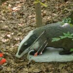 3D-Ziel in Form eines Dachses mit Pfeilen im Waldboden