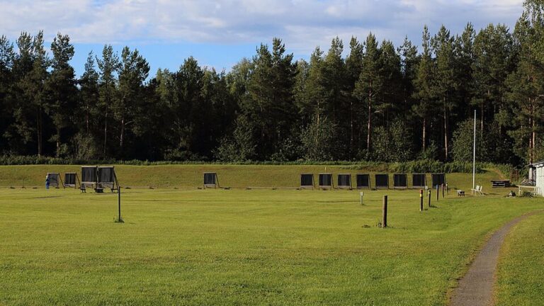 Bogenschießplatz mit Zielscheiben auf einer Wiese am Waldrand